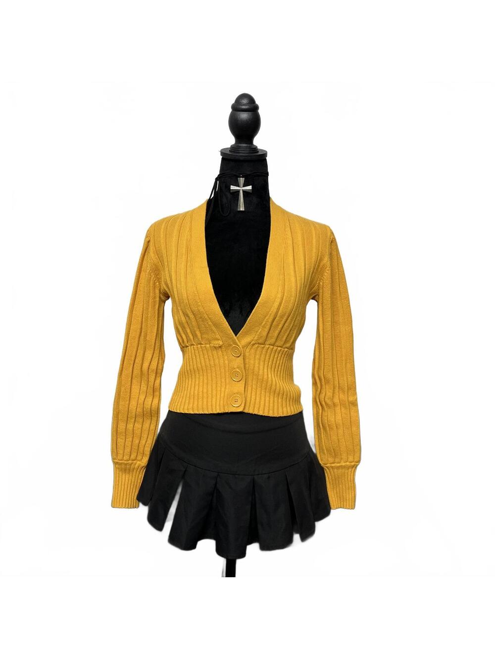 Wilfred Thais Sz S Mustard Yellow Plunge Front Cropped Ribbed Buttoned Cardigan